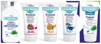 From left to right: Ultra sensitive mouthwash, kids toothpaste in watermelon, orange, no flavour, and whitening toothpaste ©Henry Blooms